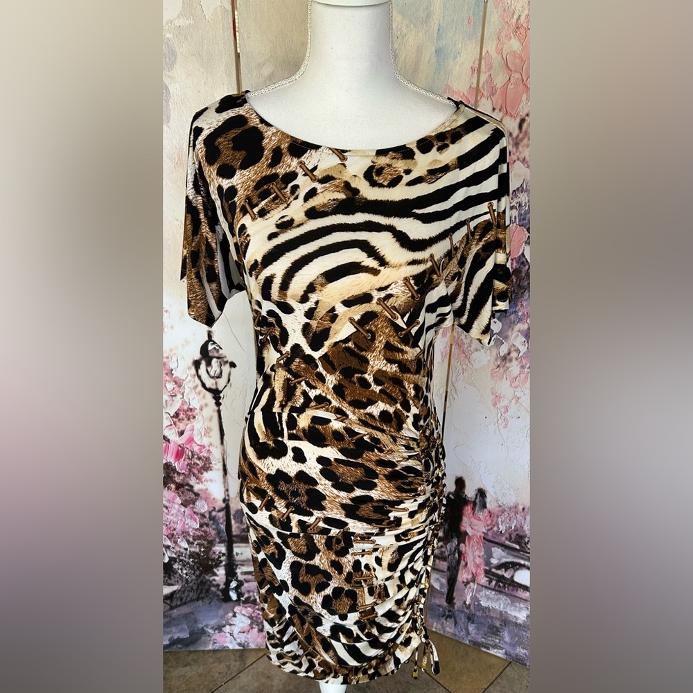 Cache - Animal Print Ruched Tie Bottom Dress. Size M. 
Brand New w/tags
